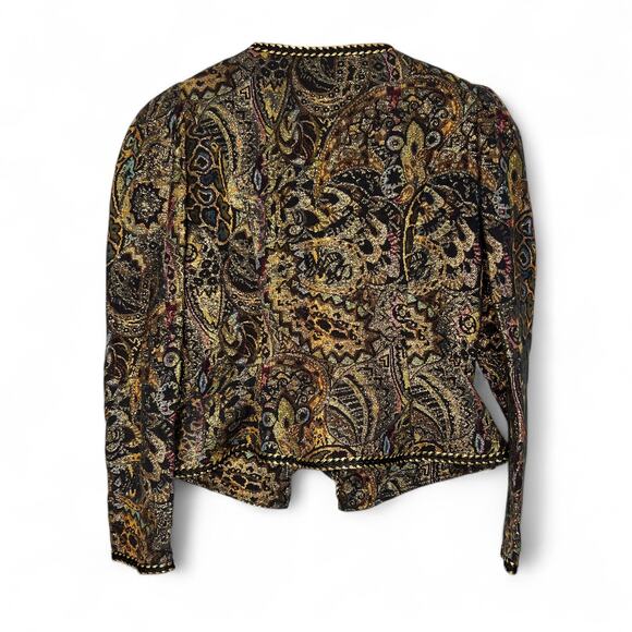 Vintage 80s Brocade Jacket Size Medium Black Gold Cotton Jacquard Tapestry Braid - Picture 3 of 9